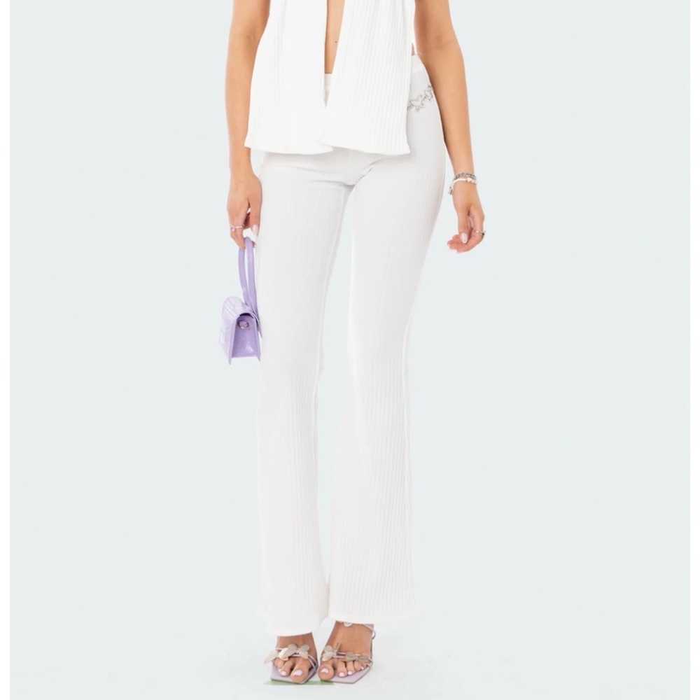 Edikted White Ribbed Flare Pants